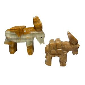 Carved Onyx Donkey Burro Figurines Set Of 2 Orange Beige Striped Vintage